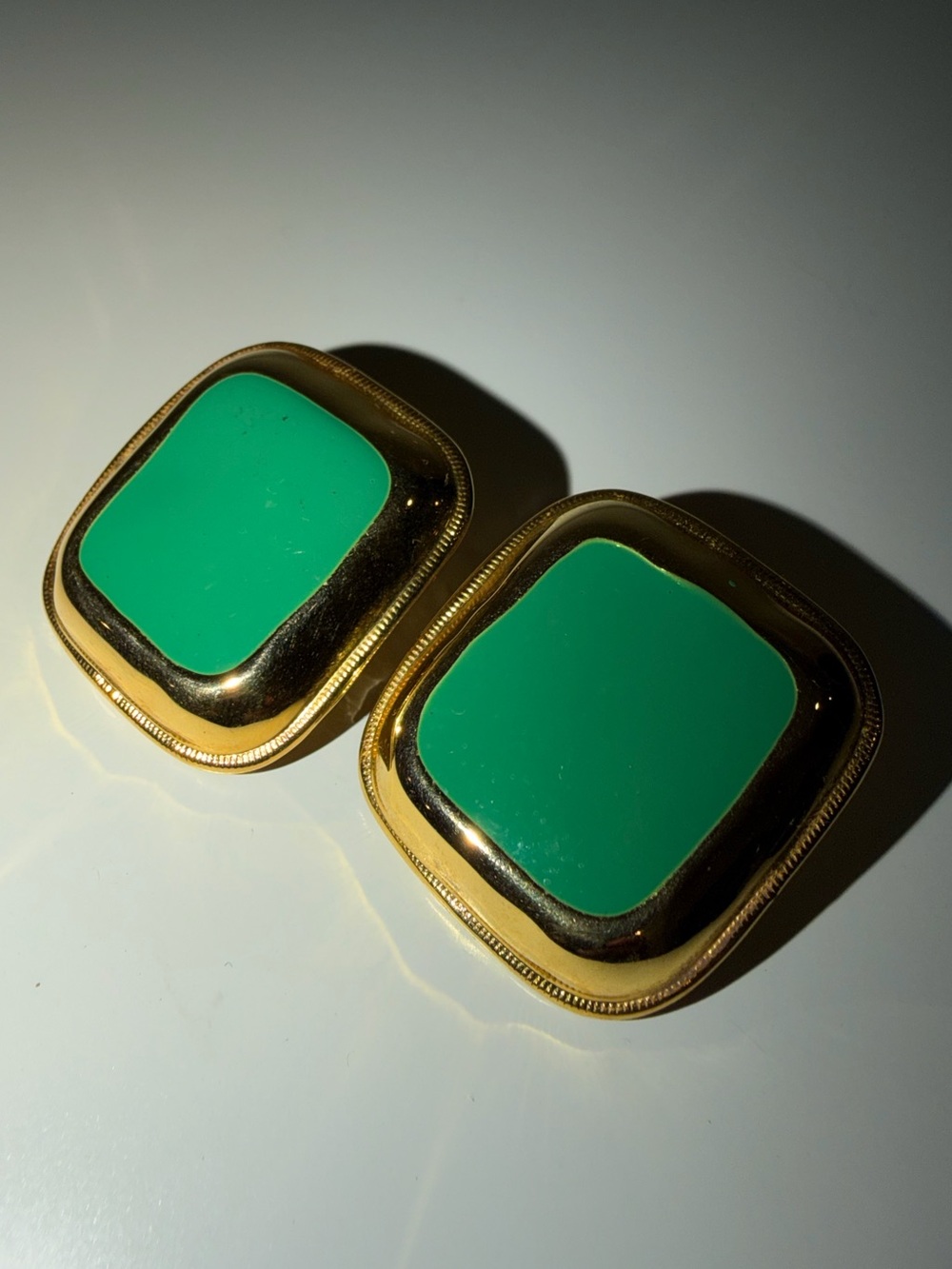 Vintage Gold-Tone Trim with Green Enamel Square Button Clip-On Earrings